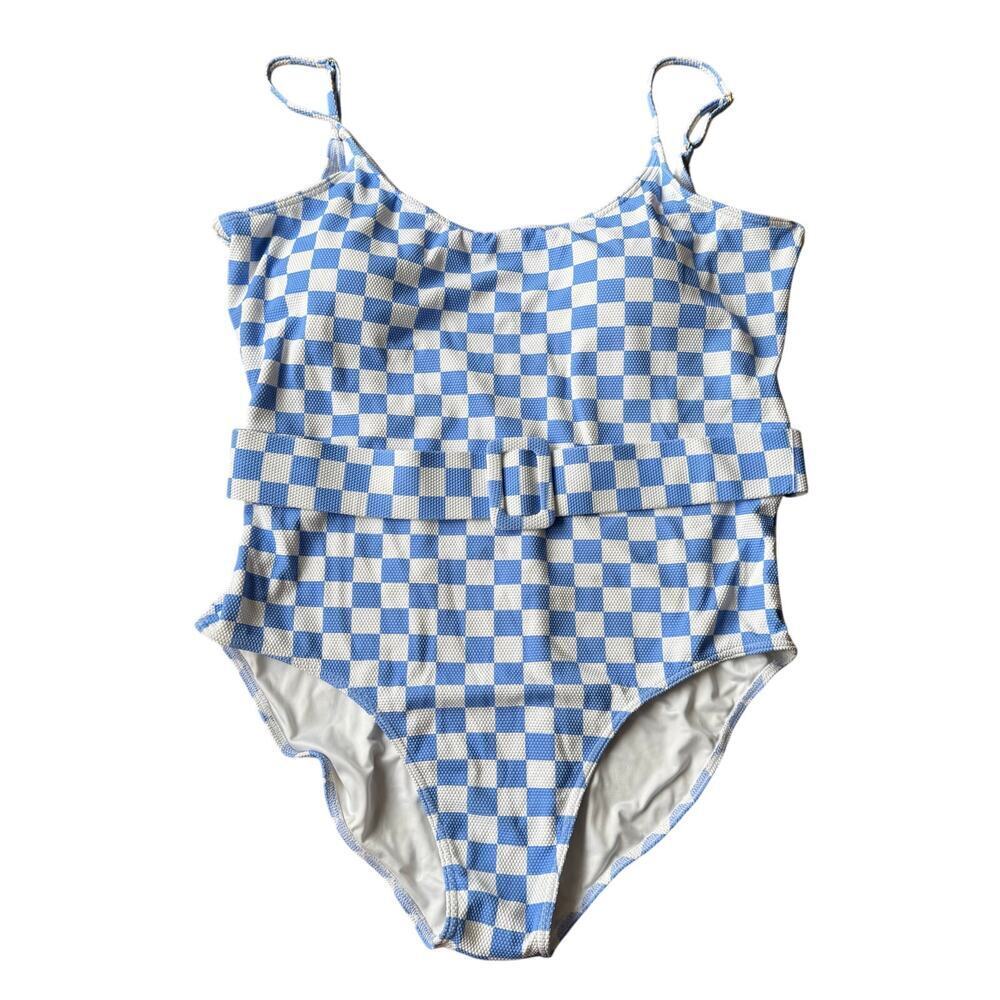 Pink Desert Blue Checkered Print Belted One Piece Swimsuit Size XXL Retro Pinup